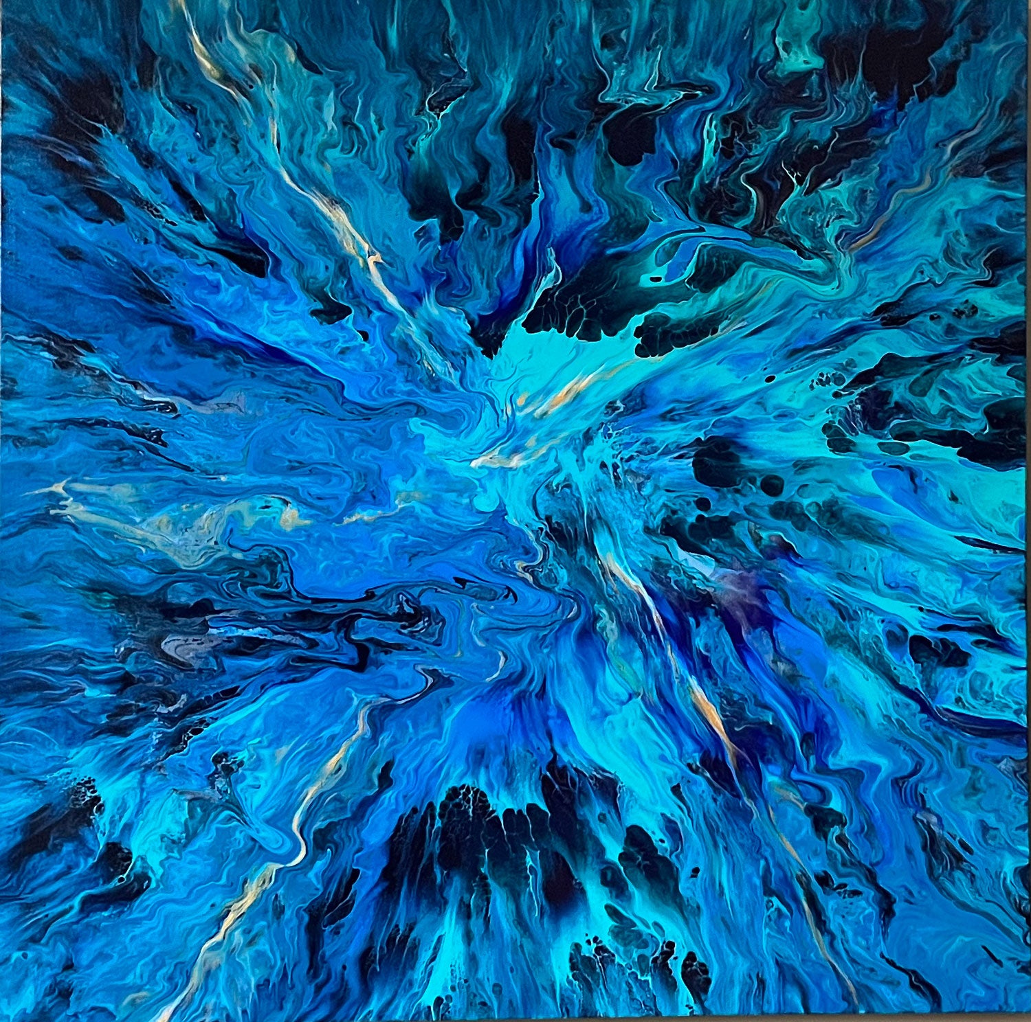 3 foot by 3 foot abstract water painting that feels like diving deep into the ocean. Abstract art with blues.
